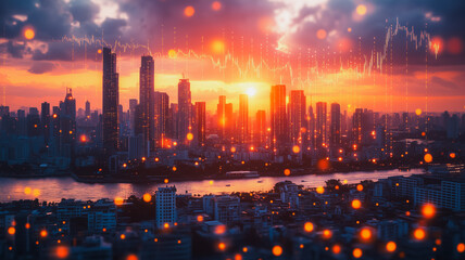 Poster - Cityscape at Sunset with Dynamic Stock Market Graph Overlay 