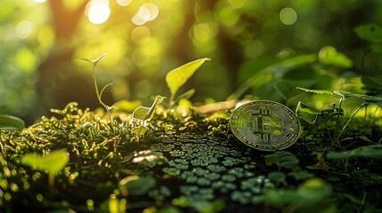 Poster - Conceptual image of a digital coin integrated into the natural environment, symbolizing eco-friendly cryptocurrency