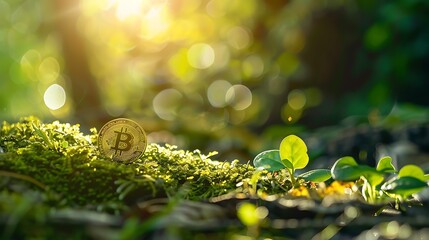 Poster - Conceptual image of a digital coin integrated into the natural environment, symbolizing eco-friendly cryptocurrency