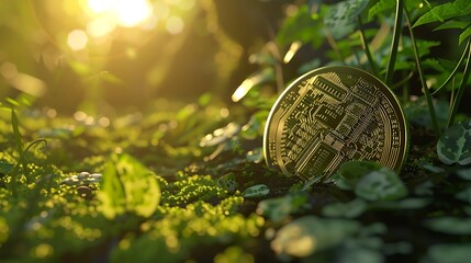 Poster - Conceptual image of a digital coin with an eco-friendly design, representing sustainable cryptocurrency