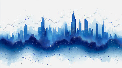 Poster - Blue Cityscape Watercolor: A serene and abstract watercolor painting captures the essence of an urban skyline, bathed in shades of blue and accented with delicate brushstrokes.