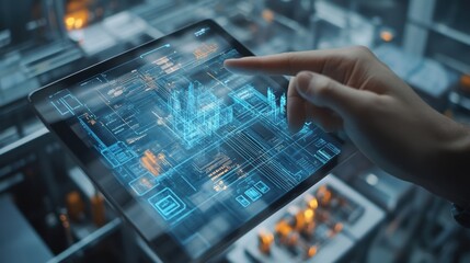 Poster - Engineer using a futuristic touchscreen tablet displays holographic schematics and data visualizations while monitoring an advanced manufacturing process in a high tech factory