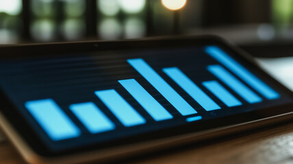 Poster - Digital Growth: A tablet screen displays a blue bar chart, showcasing the upward trajectory of a company's success. The image exudes a sense of progress, innovation.
