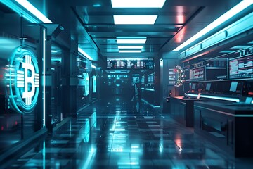 Poster - Conceptual image of a futuristic bank where all transactions are conducted with cryptocurrencies