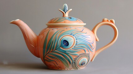 Elegant porcelain teapot with peacock feather design on peach background