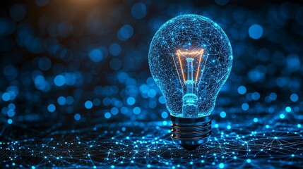 Poster - Concept featuring a polygonal light bulb on a blockchain technology network with an HUD background. Global business banner illustrating cryptocurrency and blockchain. The lamp symbolizes inspiration