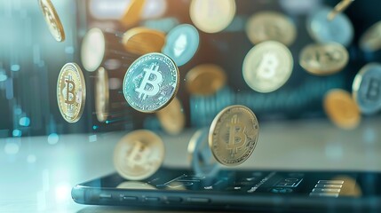 Poster - Digital currency symbols emerging from a smartphone, representing mobile crypto transactions