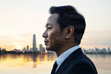 Poster - A businessman in thought combined with a cityscape and a futuristic hologram, capturing modern life, business operations, city life, and internet of things concepts