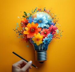 Poster - using a brush, the boy draws a giant light bulb in a yellow style, embodying the concepts of innovat