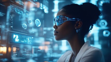 Poster - A black woman working in an office with a futuristic graphical user interface. ICT (Information Communication Technology). System engineering.
