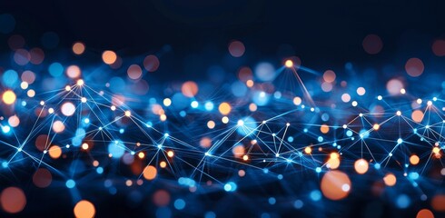 Poster - 3D illustration of a neural network. Big data and cybersecurity concepts. Data stream visualized. Global database and stock exchange. Bright, colorful backdrop with bokeh effect