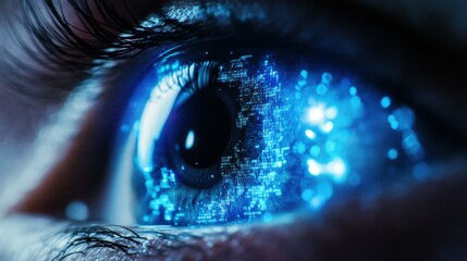 Poster - A closeup of a blue digital cyber electronic light beam on a human eye