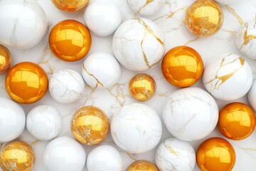 Abstract Gold Orange and White Sphere Composition - Elegant spheres in gold, orange, and white marble create a luxurious, modern, and abstract design.  Symbolizing luxury, harmony, balance, sophistica