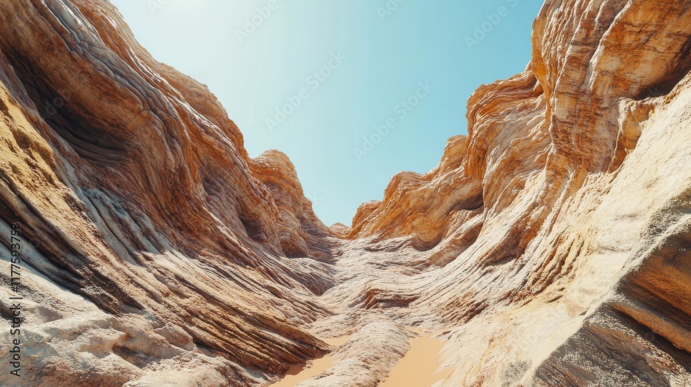 Colorful layers of rock rise dramatically in a deep canyon. The ...