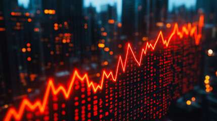 Poster - Urban Growth: A vibrant red line graph ascends against a backdrop of a glowing city skyline, symbolizing upward trajectory, progress, and economic prosperity.  