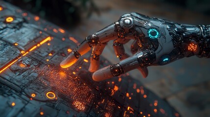 Poster - A human finger softly caresses the metallic finger of a robot, symbolizing the peaceful coexistence between humans and AI technology