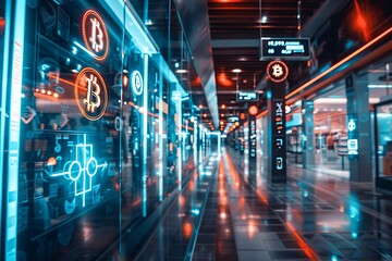 Poster - Futuristic shopping mall where all stores accept cryptocurrency payments, with digital currency signs