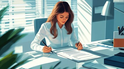 Poster - Business Woman Signing Contract, Working In Office