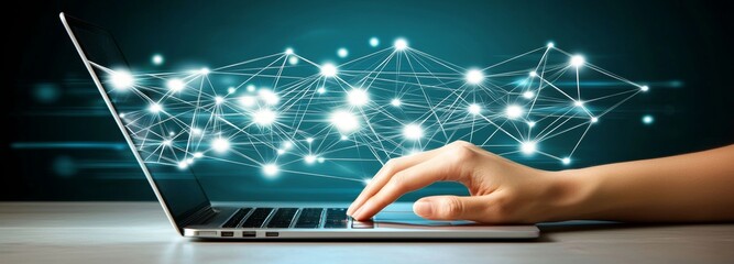 Poster - Network technology for the internet, future growth in digital software development, IoT ideas, professionals interacting with modern laptops while navigating the web in a visionary metaverse and