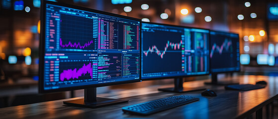 Poster - Financial Data Analysis:  Three computer monitors display charts and graphs, illuminating the complex world of financial data analysis and market trends. This image evokes a sense of urgency.