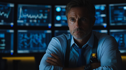 Poster - Focused Executive: A serious, middle-aged man in a light blue shirt and tie sits before a wall of glowing computer screens displaying complex data charts.  He exudes confidence and control. 