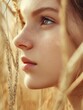 © The 2R Artificiality - Profile portrait of a young girl amidst golden stubble fields with soft natural lighting and ample empty space for text backdrop.