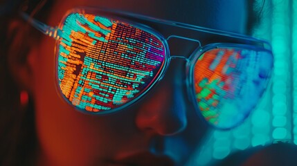 Snapshot of an eye adjusted with glasses, coding glasses mirroring light, a programmer relying on AI to enhance work in an office setting