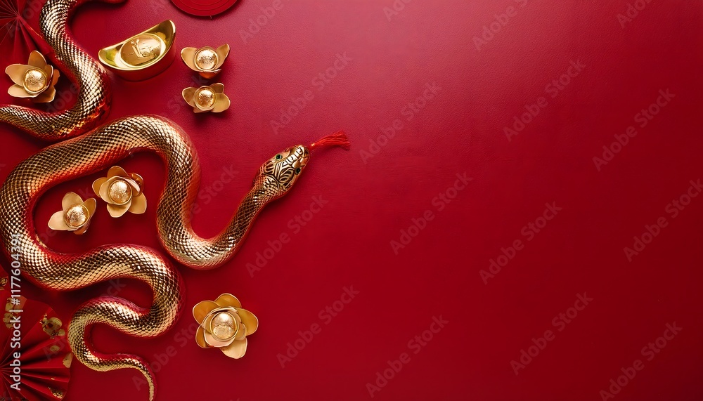 Golden Snake Chinese New Year Red Background Festive Decor Lucky Charms ...
