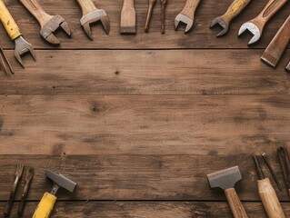 Neatly arranged woodworking tools on a weathered wooden bench, bathed in warm light, tools in workshop, classic artisan workspace