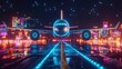 © neiros - A modern airplane glides peacefully on an advanced runway, enveloped in the subtle light of digital displays