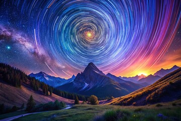 Wall Mural - mystical spiral galaxy landscape - stunning night sky with star trails and celestial vortex