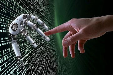 Poster - human & ai: a conceptual fusion of human and stock, visualized by a shimmering blue digital hand rea
