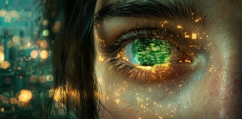 Poster - close-up of an eye with digital code reflected in the iris