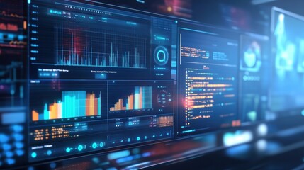 Poster - Multiple screens displaying real time data analysis and programming code illuminate a dark control room, creating a futuristic and technologically advanced manufacturing environment