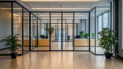 Wall Mural - Bright, Modern Office Interior with Glass Doors and Wood