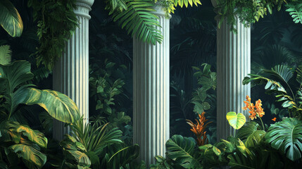 Wall Mural - Three pillars in a jungle with green leaves and flowers