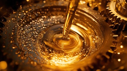 Poster - golden oil pouring and creating concentric ripples and bubbles on golden gears, symbolizing lubricat