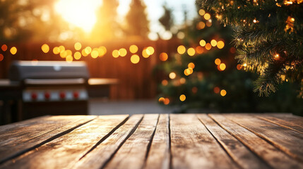 Sticker - A wooden table with a grill and a Christmas tree in the background