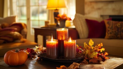 Wall Mural - Cozy autumn scene with lit candles and seasonal decor in warm living room