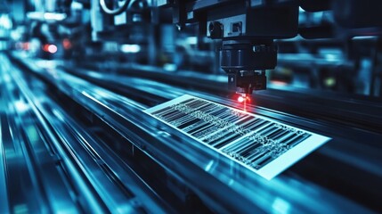 Poster - in a modern factory, a robotic arm uses a laser to engrave barcodes onto products moving along a pro