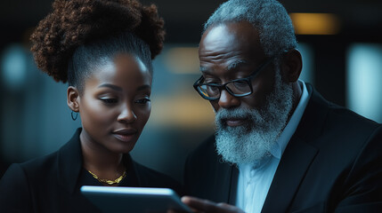 Poster - Strategic Partnership: A focused discussion between a young African American businesswoman and a seasoned African American businessman reviewing a tablet, showcasing collaboration, mentorship.