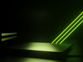 Wall Mural - 3D black background with green neon lights. Scientific podium.