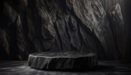 Poster - Dark Natural Stone Slab Platform Against Rugged Black Rock Background for Product Display, Photography, or Conceptual Design Settings

