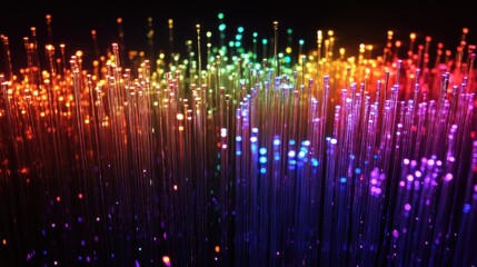 Poster - Glowing rainbow colors radiate from fiber optic cables, transmitting data and creating a vibrant, futuristic technological landscape against a dark background, embodying innovation and speed