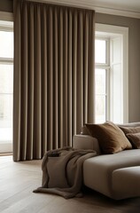 Wall Mural - Cozy minimalist living room with taupe curtains and comfortable sofa