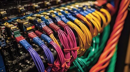 Poster - Close up of colorful network cables plugged into a patch panel in a server room, highlighting the complexity and organization of modern data infrastructure