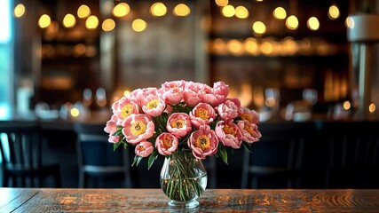 Poster - A beautiful bouquet of pink peonies is displayed in a clear vase on a wooden table in an inviting restaurant. Soft lighting creates a warm atmosphere, perfect for a festive holiday celebration.