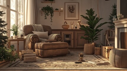 Wall Mural - Cozy sunlit living room with rustic decor and indoor plants