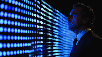 Poster - The Data Analyst: A pensive businessman stands before a wall of blue glowing dots, contemplating the vast possibilities of data analytics.
