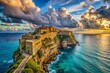 Panoramic View of Majestic Fortress overlooking Serene Ocean - Dramatic Coastal Landscape
